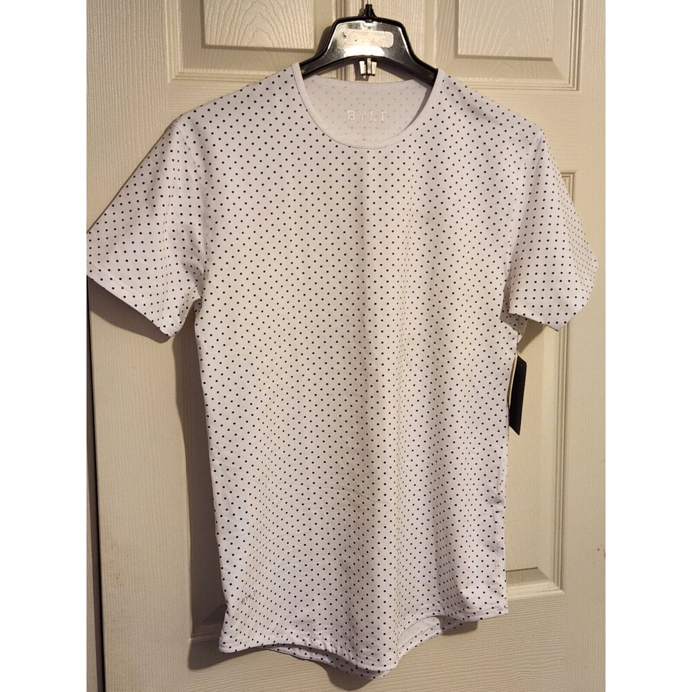 BYLT NWT DROP CUT LUX MEN’S WHITE BLACK POLKA DOT T-SHIRT ROUND NECK SZ: M